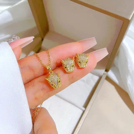 Stainless Steel Leopard Stud Earrings Necklace Set - DropShp