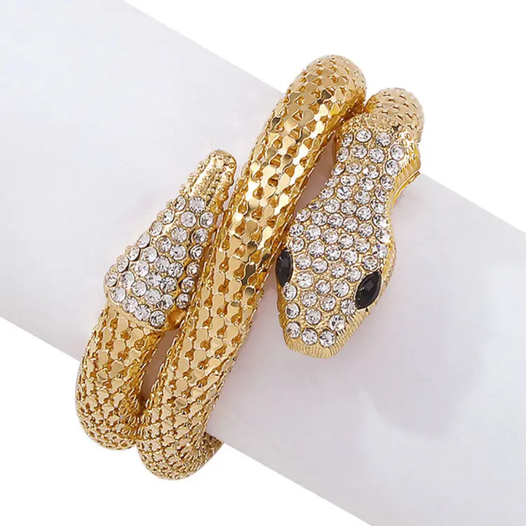 Gold-Plated Stone-Studded Snake Shaped Cuff Bracelet - DropShp
