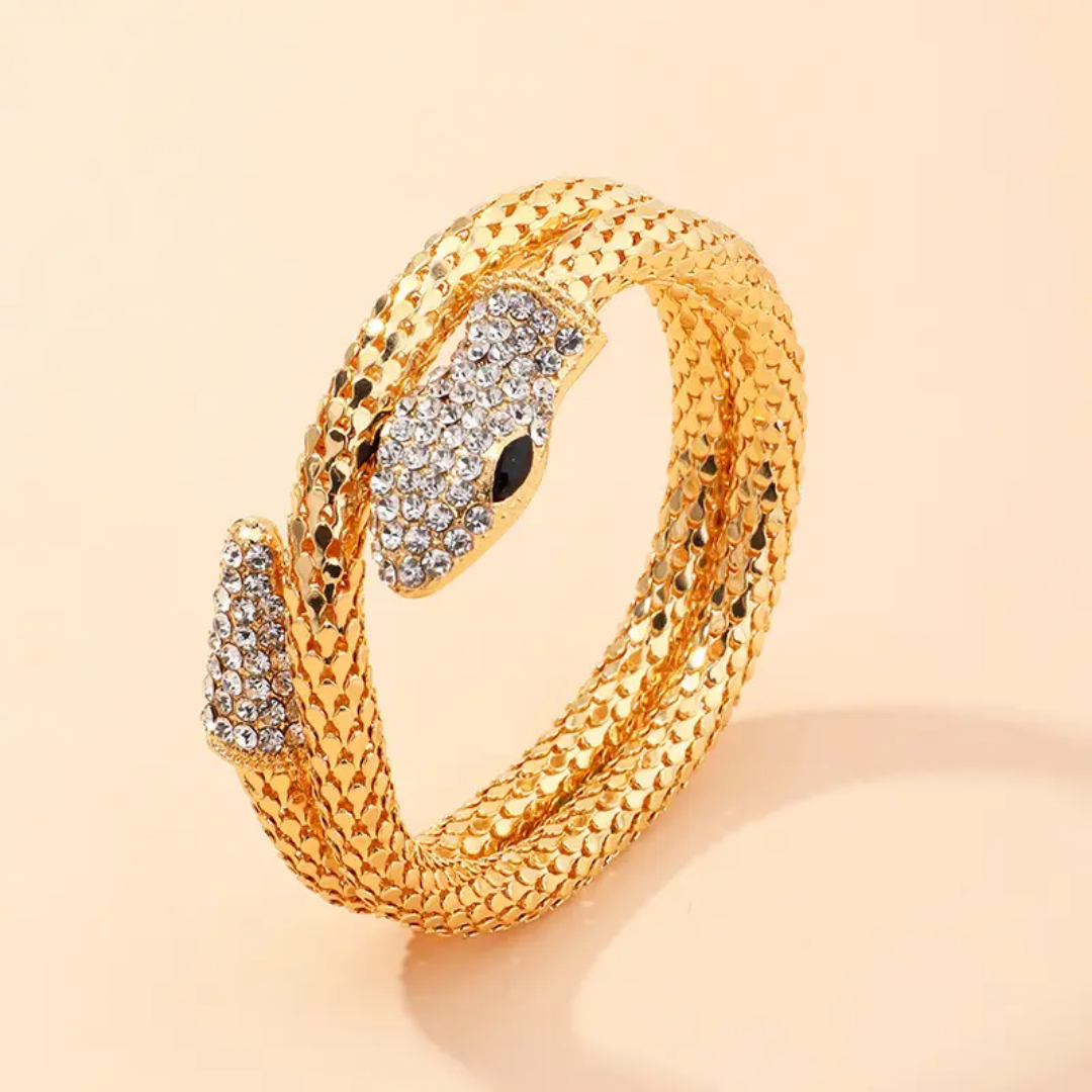 Gold-Plated Stone-Studded Snake Shaped Cuff Bracelet - DropShp