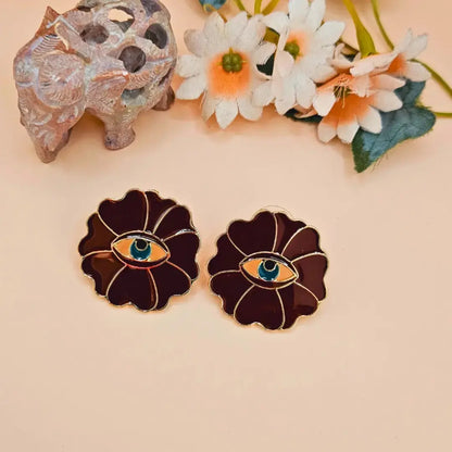 Golden Maroon Evil Eye Flower Stud Earrings for Women - DropShp