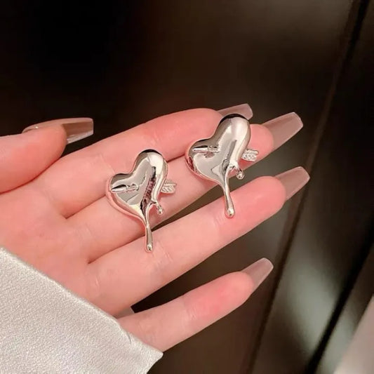 Silver Metal Piercing Heart Cupid's Arrow Stud Earrings for Women - DropShp