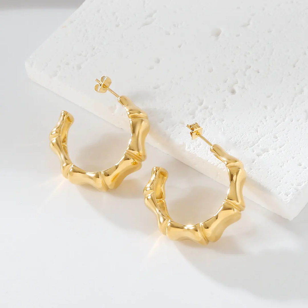 Gold Plated Chunky Bamboo Hoop Earrings - DropShp
