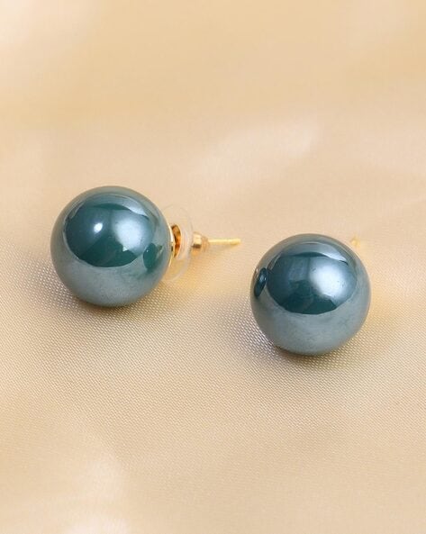 Gold Plated Green Pearl Stud Earrings - DropShp