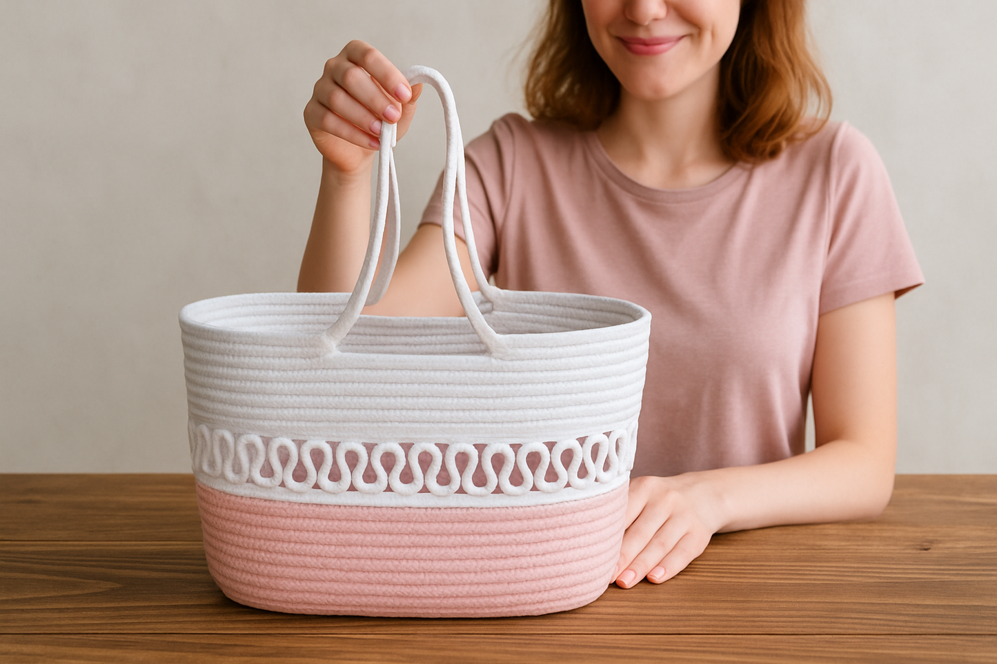 Women CUTE FANCY Bucket Bag Casual Woven Beach Handbag for Vacation (White & Pink)