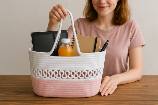 Women CUTE FANCY Bucket Bag Casual Woven Beach Handbag for Vacation (White & Pink)