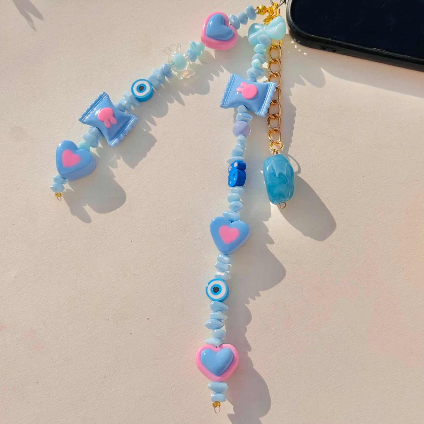 Cute Blue Glass Stone Beads Phone Charm Strap With Heart Charms - DropShp