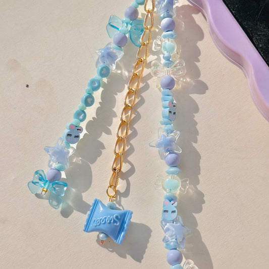 Cute Blue Glass Stone Beads Phone Charm Strap With Toffee Charm - DropShp