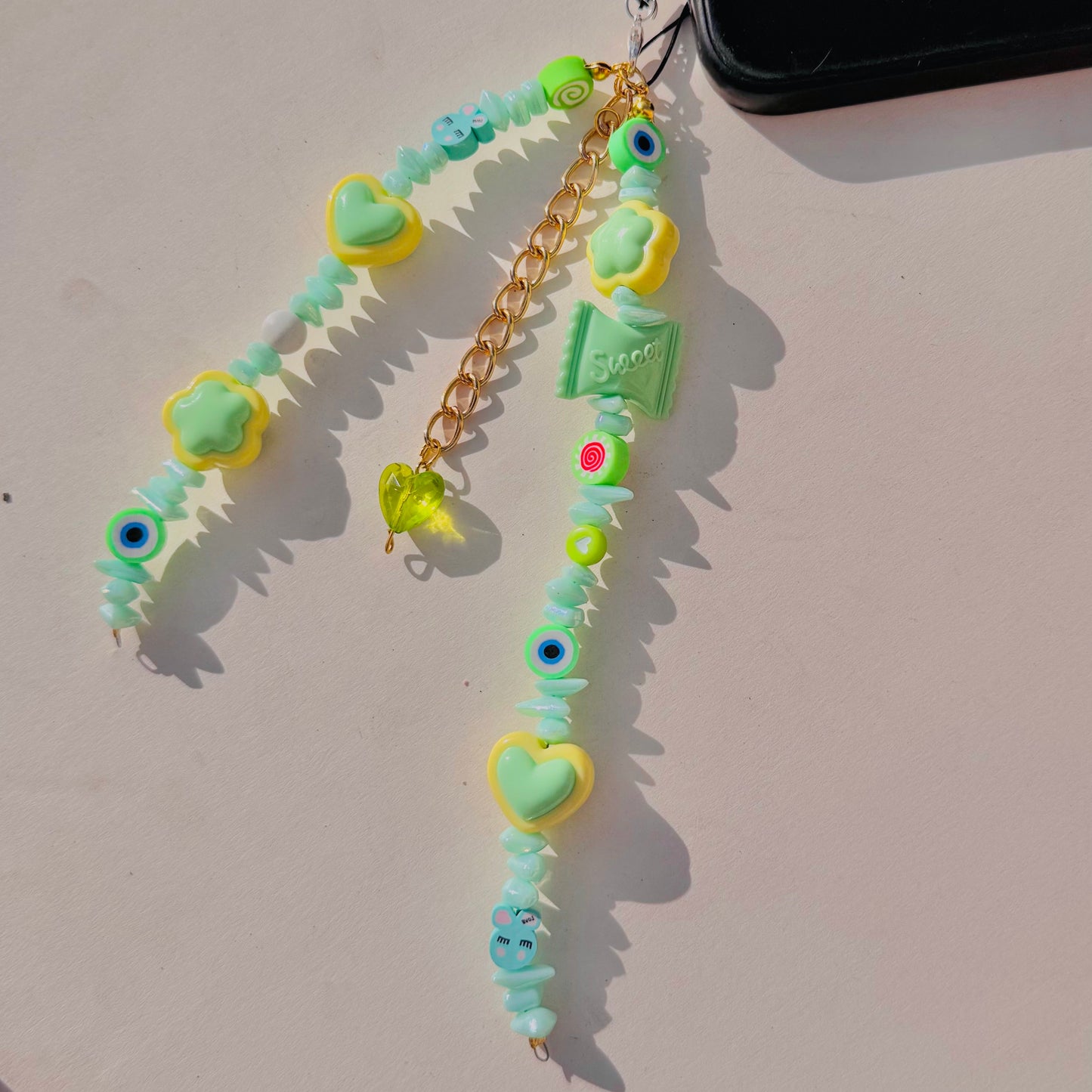 Cute Green Glass Stone Beads Phone Charm Strap With Heart Charm - DropShp