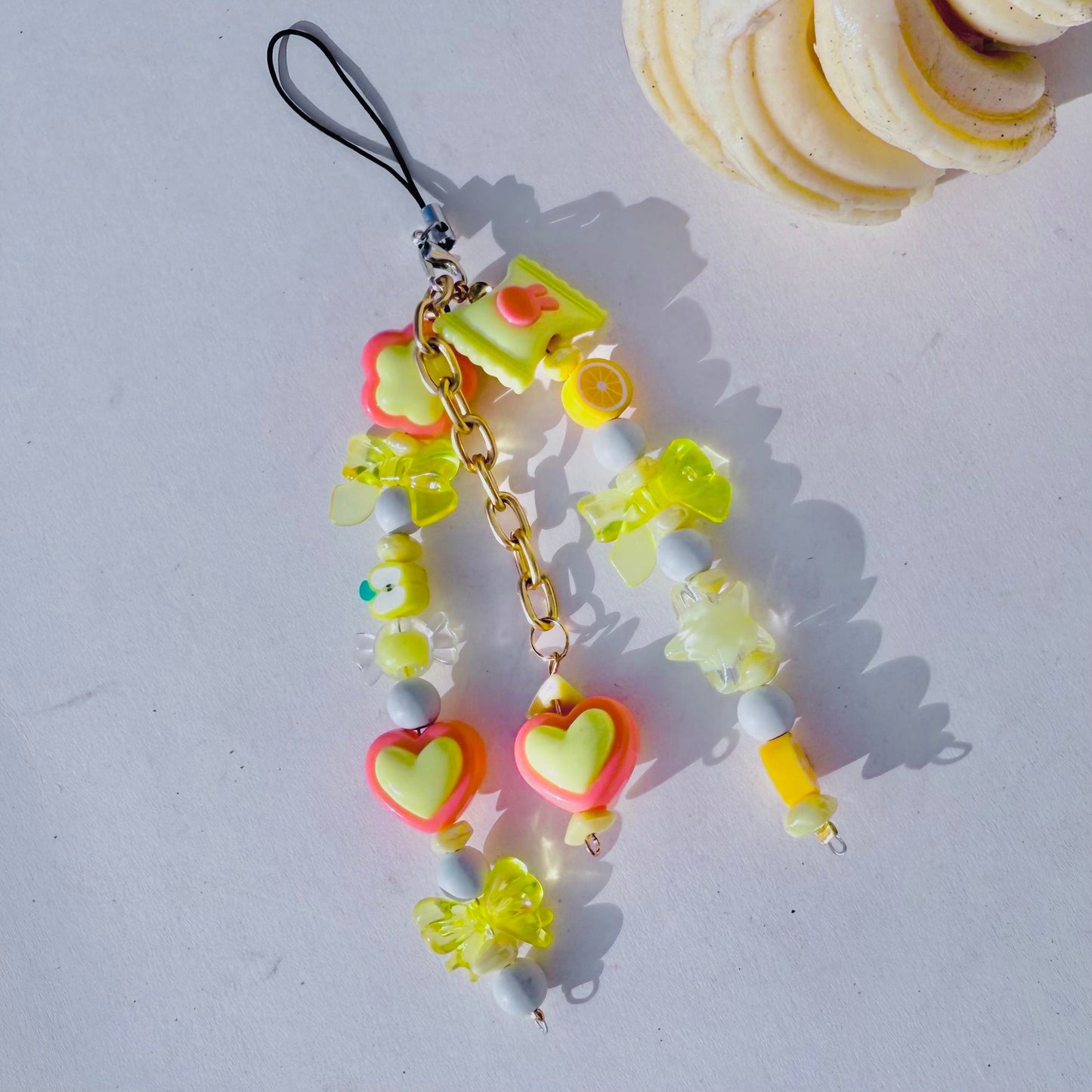 Cute Yellow Glass Stone Beads Phone Charm Strap With Heart Charms - DropShp