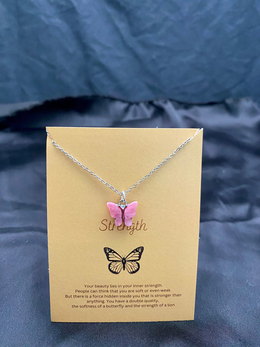 Dark Pink Acrylic Butterfly Necklace With Silver Stainless Steel Chain - DropShp