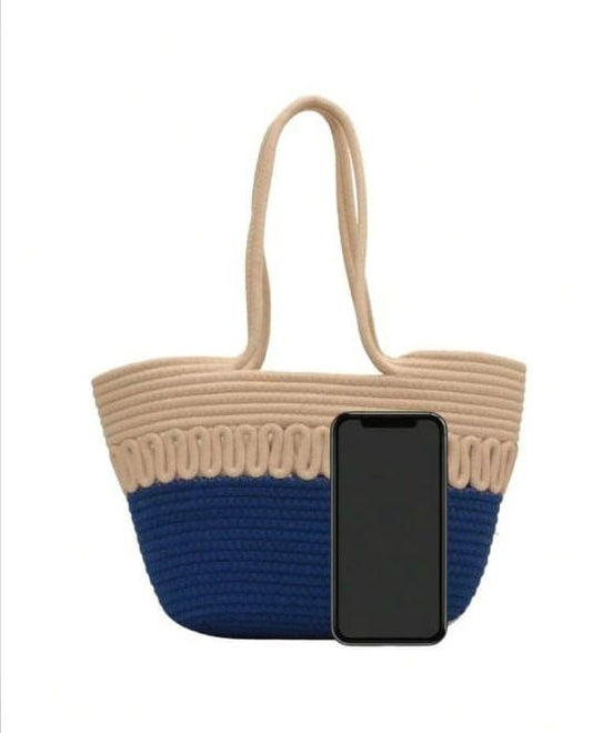 Women CUTE FANCY Bucket Bag Casual Woven Beach Handbag for Vacation (Blue)
