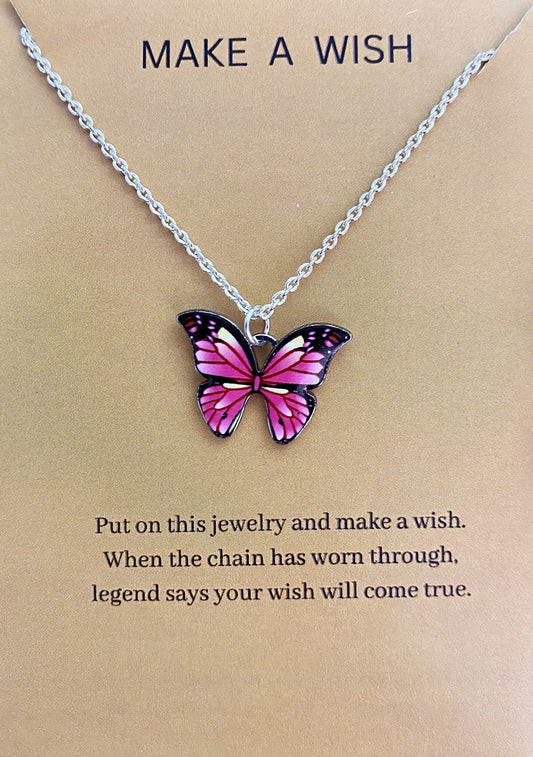 Waterproof Pink Black Butterfly Charm Necklace (Silver) - DropShp
