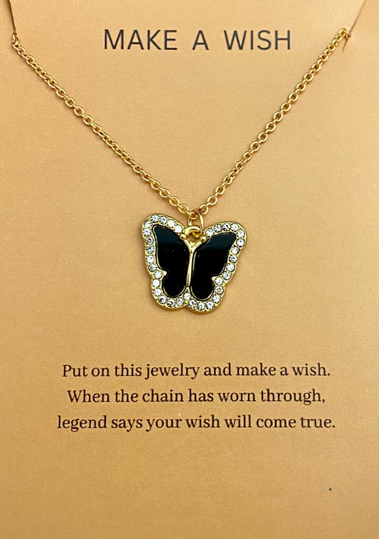 Waterproof Stone Studded Black Butterfly Necklace - DropShp