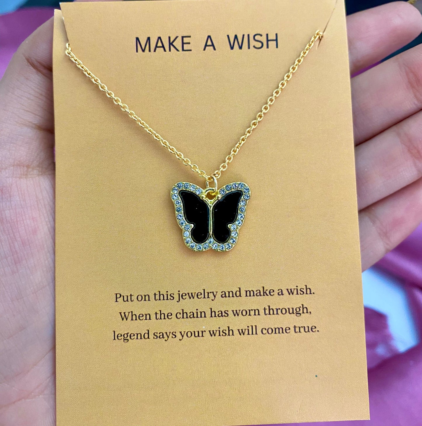Waterproof Stone Studded Black Butterfly Necklace - DropShp