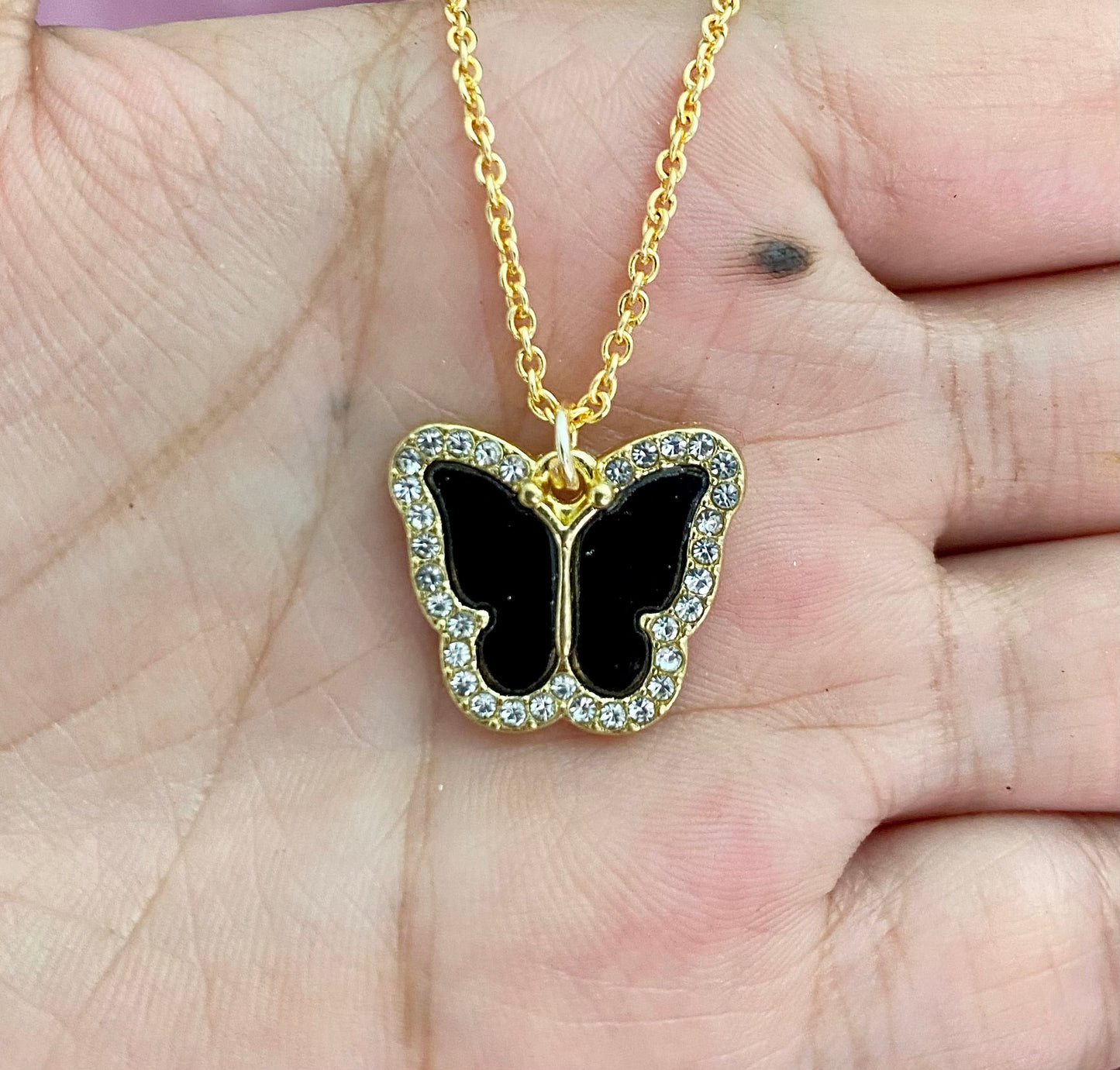 Waterproof Stone Studded Black Butterfly Necklace - DropShp