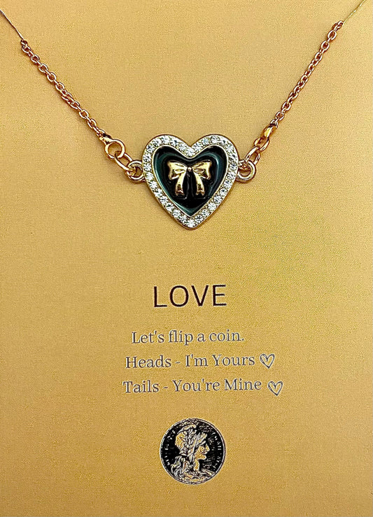 Waterproof Stone Studded Heart With Bow Charm Necklace - DropShp