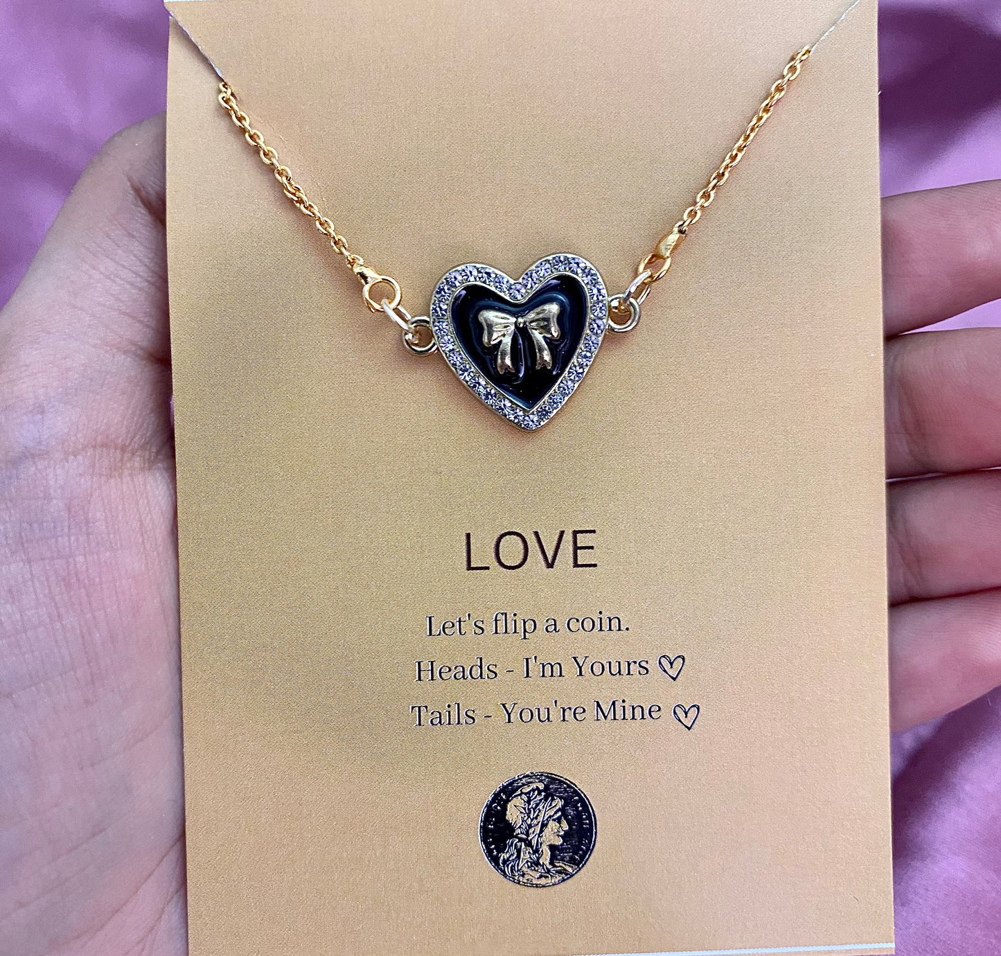 Waterproof Stone Studded Heart With Bow Charm Necklace - DropShp