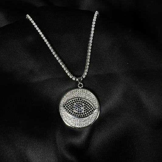 Evil Eye Iced Out Pendant Necklace With Stone Studded Copper Chain - DropShp