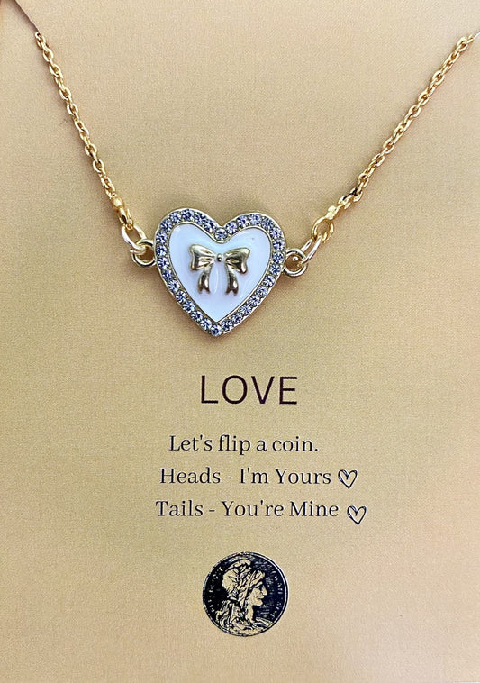 Waterproof Stone Studded White Heart With Bow Charm Necklace - DropShp