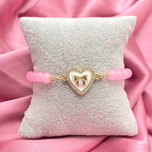 Pink Bead Bracelet With White Stone Studded Heart Charm - DropShp