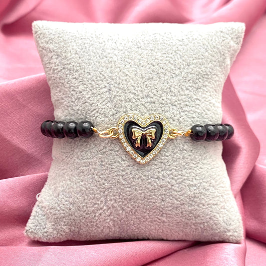 Black Bead Bracelet With Black Stone Studded Heart Charm - DropShp
