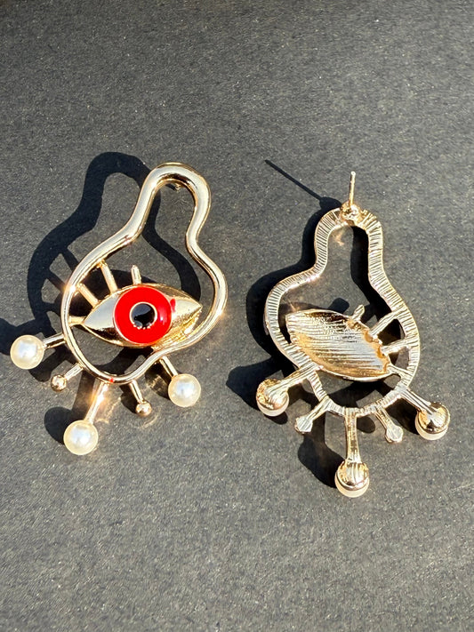 Golden Big Evil Eye Stud Earrings With Pearl - DropShp