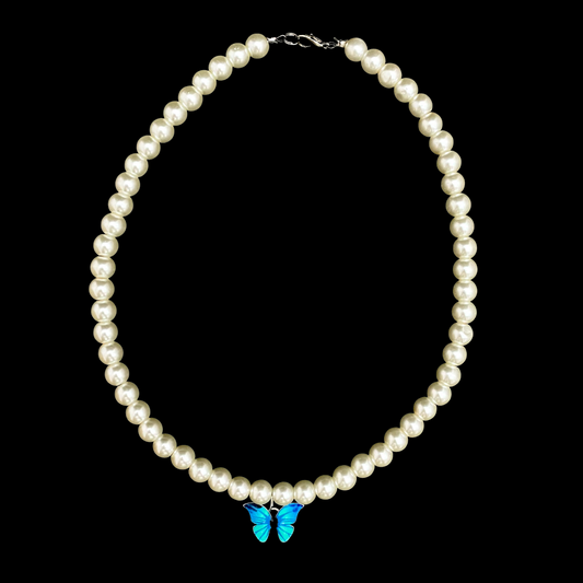 Cute Elegant 8mm Pearl Necklace With Blue Butterfly Charm - DropShp