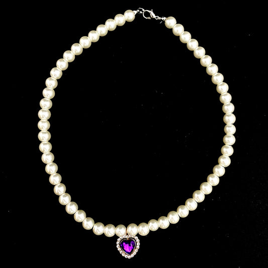 Cute Elegant 8mm Pearl Necklace With Stone Studded purple Heart Charm - DropShp