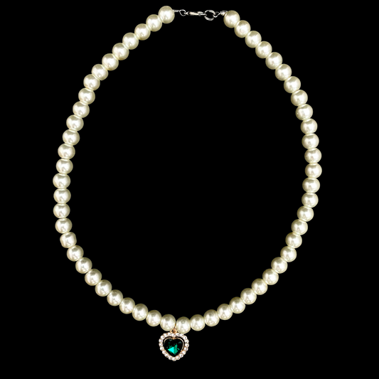 Cute Elegant 8mm Pearl Necklace With Stone Studded Green Heart Charm - DropShp