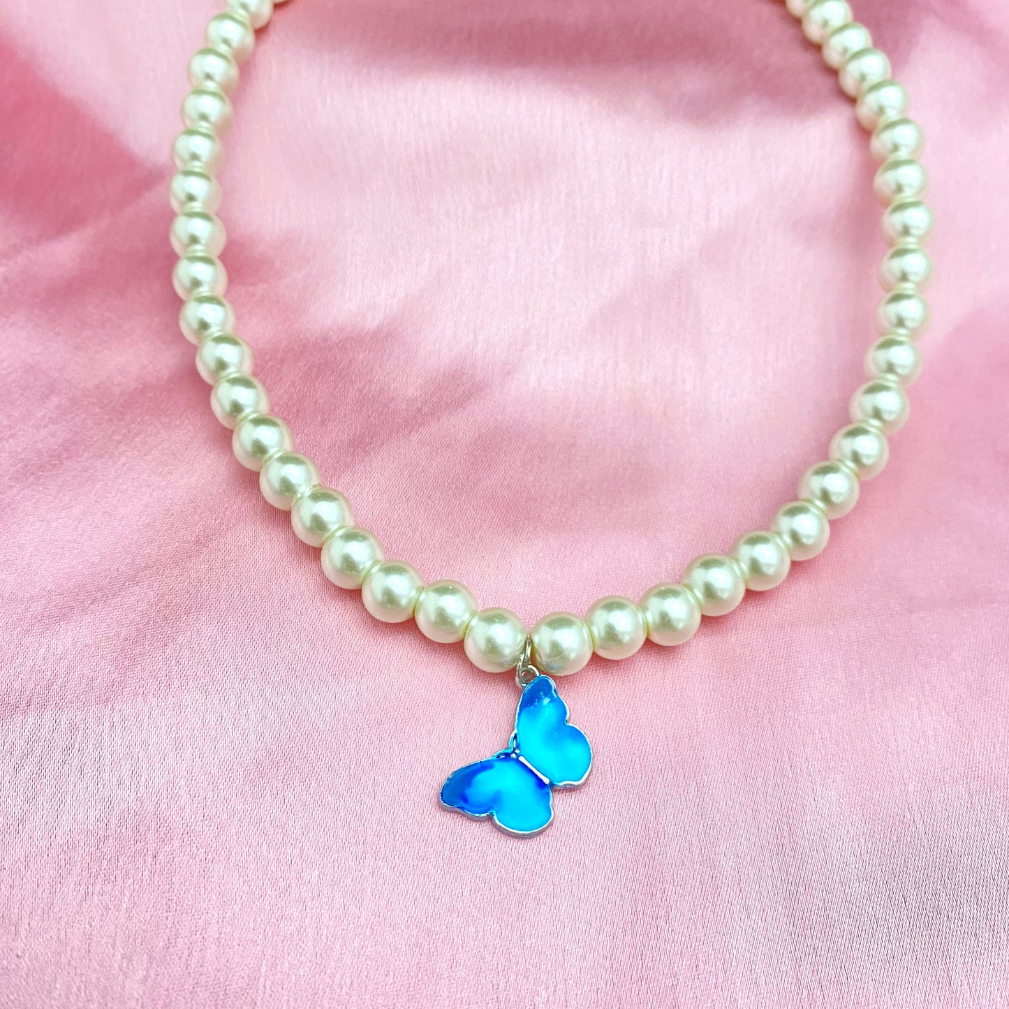Cute Elegant 8mm Pearl Necklace With Blue Butterfly Charm - DropShp