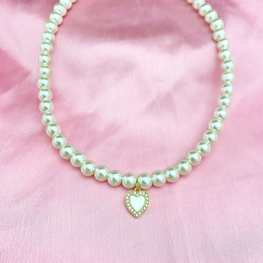 Cute Elegant 8mm Pearl Necklace With Stone Studded White Heart Charm - DropShp
