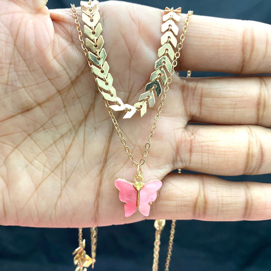 Layered Golden Dark Pink Butterfly Necklace With Arrow Chain - DropShp