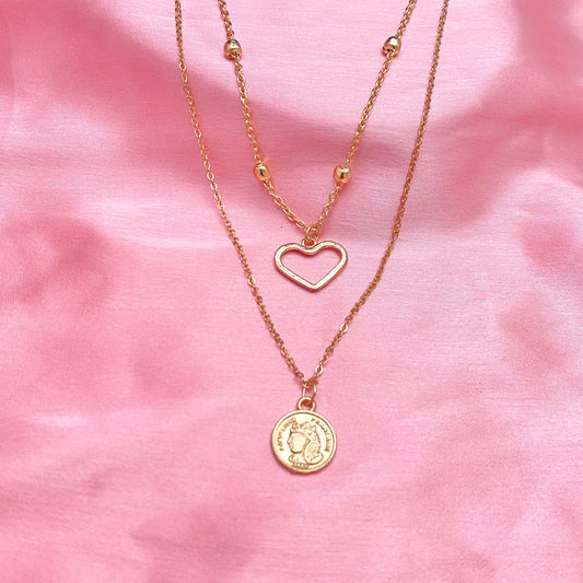Layered Golden Heart Charm With Coin Necklace - DropShp