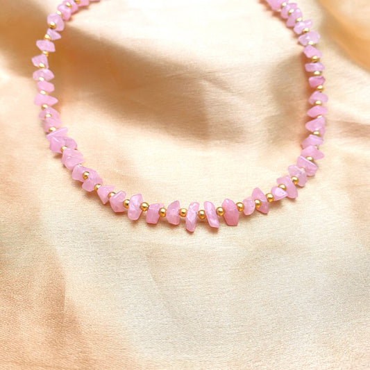 High Quality Unique Pink Uncut Stone Necklace With Golden Beads - DropShp