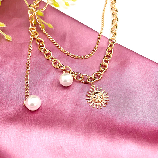 Layered Pearl Drop Sun Charm Necklace - DropShp