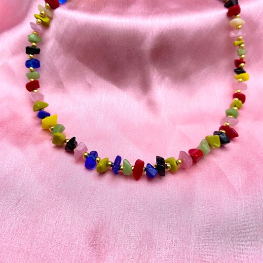 High Quality Unique Multicolour Uncut Stone Necklace With Golden Beads - DropShp