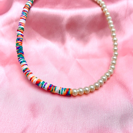 Half Pearl & Half Multicolour Clay Beads Necklace - DropShp