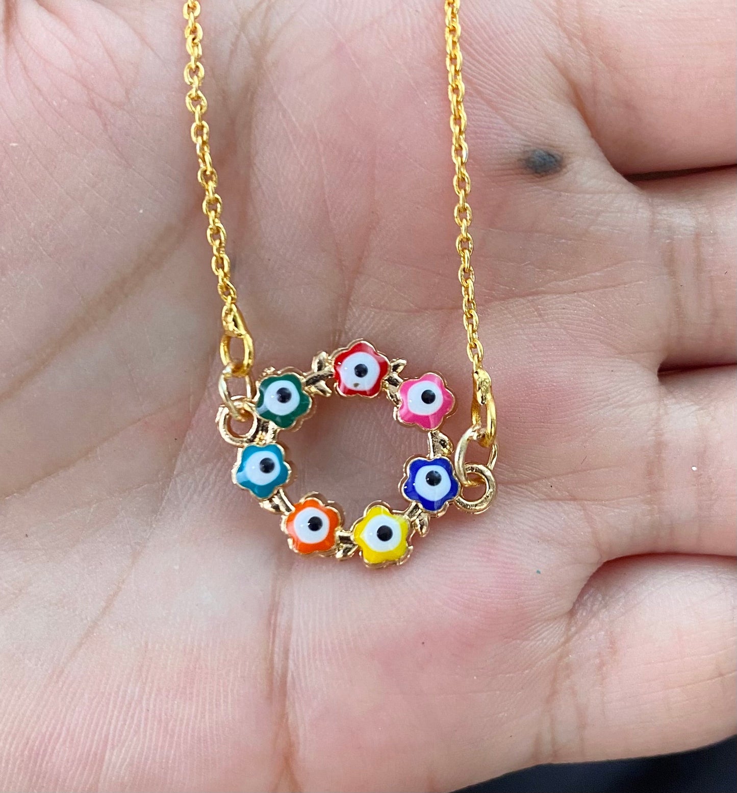 Multicolour Flowers Evil Eye Charm Necklace(Waterproof) - DropShp
