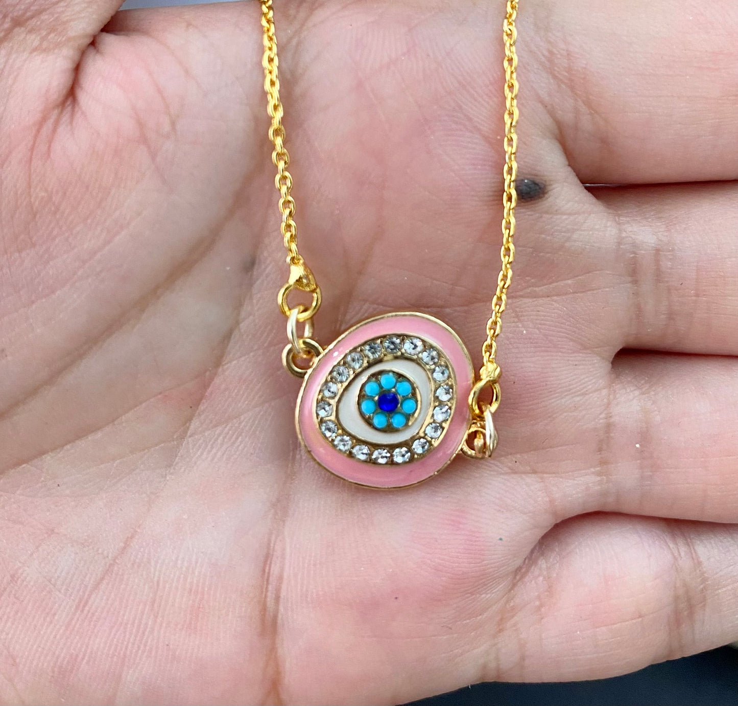 Pink Zircon Evil Eye Charm Necklace(Waterproof) - DropShp