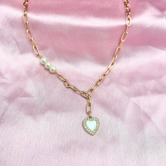 Golden Paperclip Chain Necklace With White Stone Studded Heart Charm - DropShp