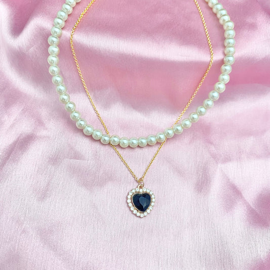 Double Layered Pearl Necklace With Black Heart Charm - DropShp