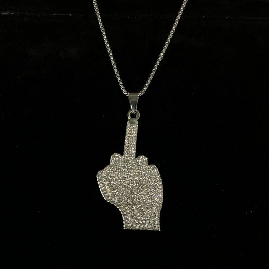 Middle Finger Iced Out Hip Hop Pendant Necklace With Chain - DropShp