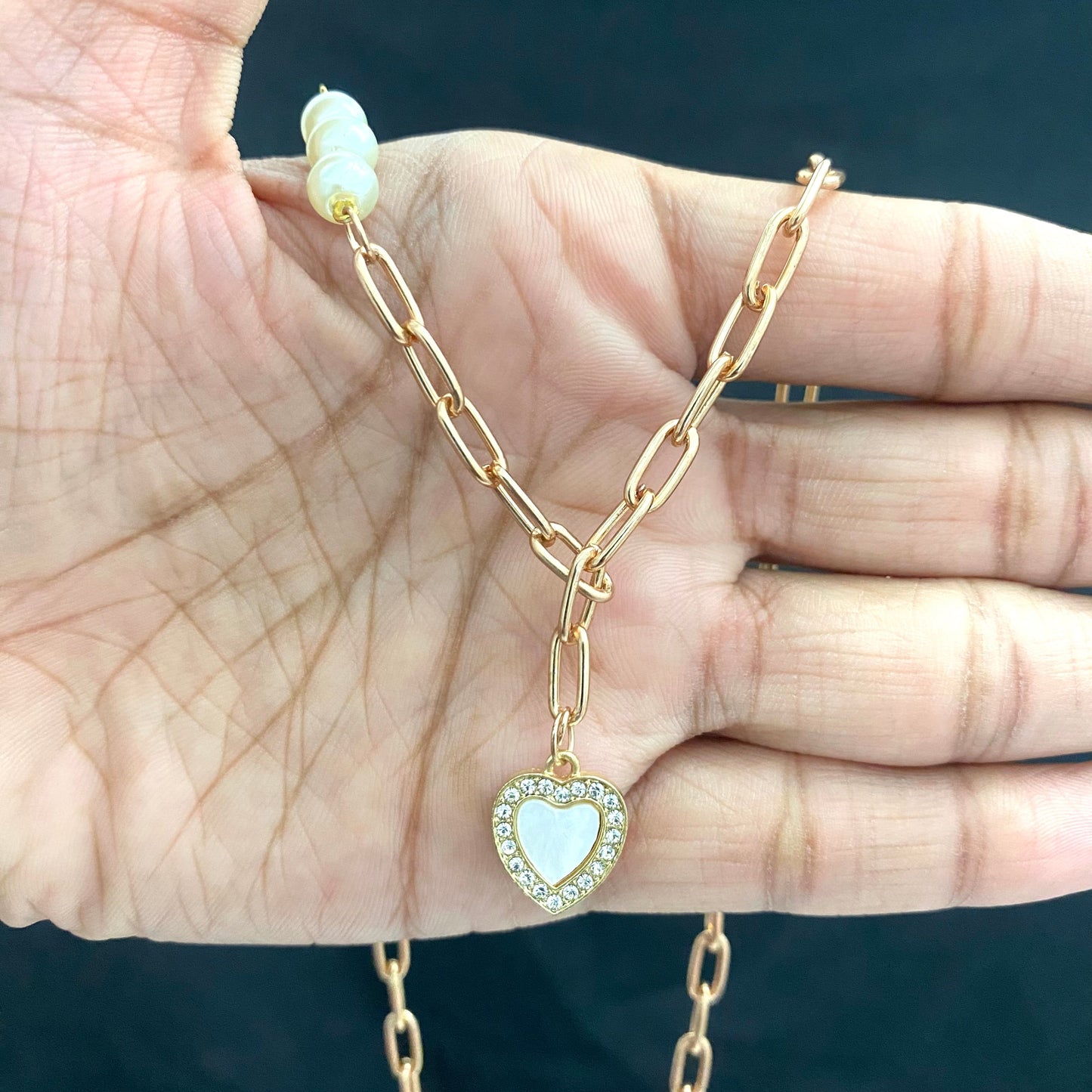 Golden Paperclip Chain Necklace With White Stone Studded Heart Charm - DropShp