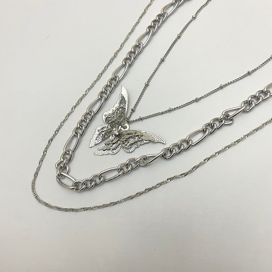 Silver Triple Layered Chain Necklace With Butterfly Charm - DropShp