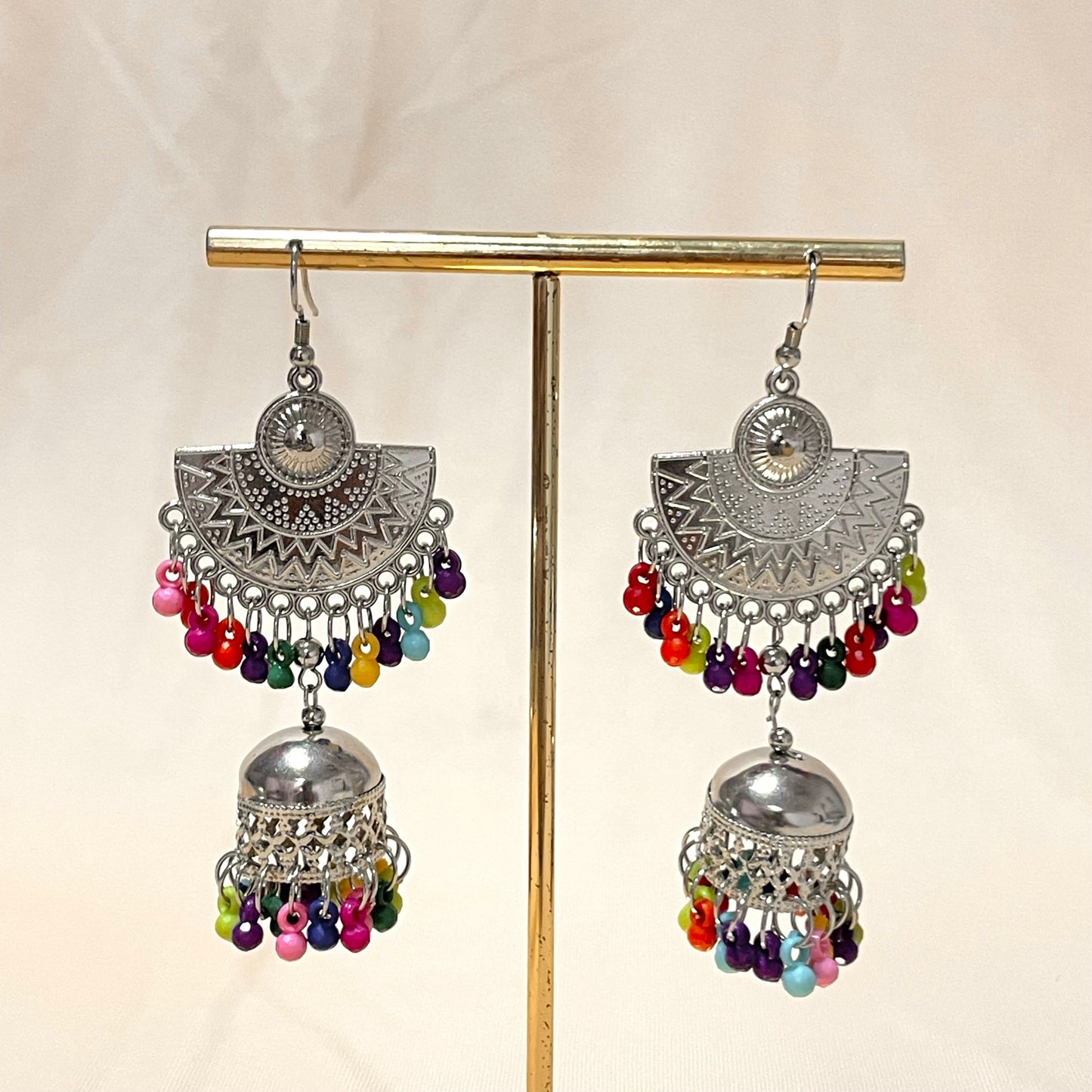 Oxidised Multicolour Silver Drop Jhumka - DropShp