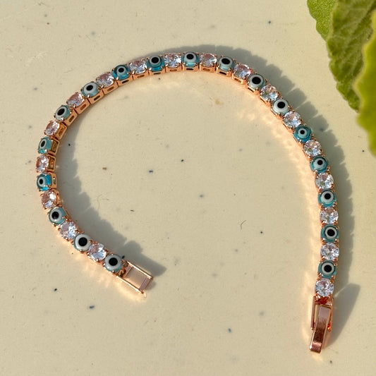 Rosegold Plated Green Evil Eye Tennis Bracelet Hip Hop Jewelry - DropShp