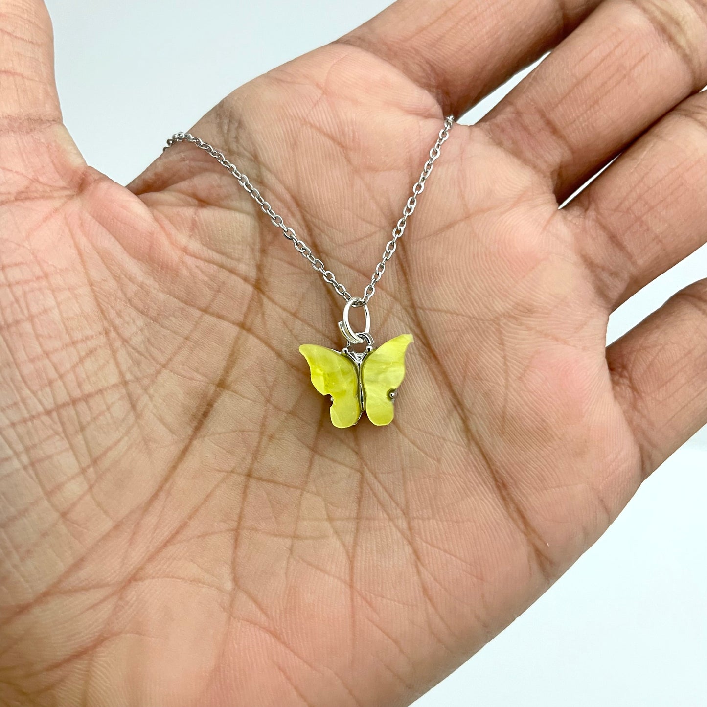 Waterproof Acrylic Light Yellow Butterfly Charm Necklace With Stainless Steel Chain - DropShp