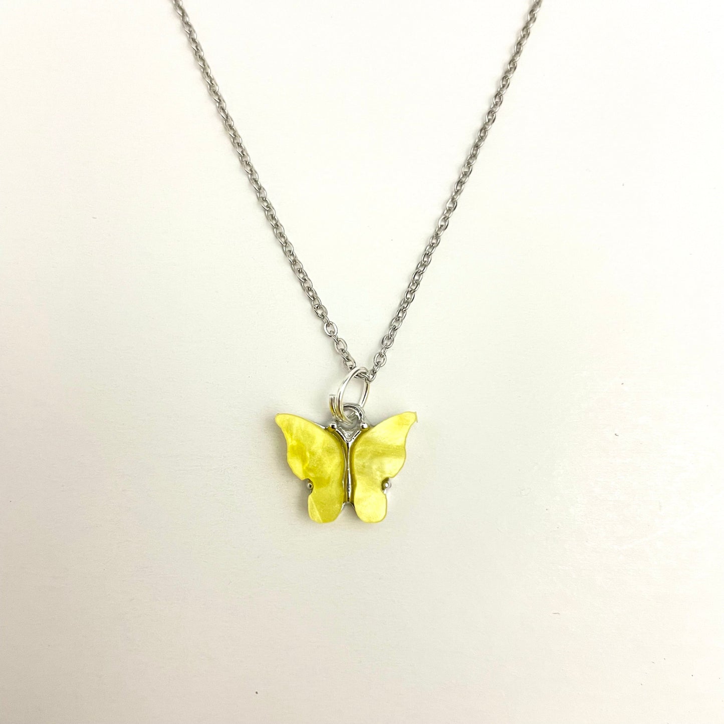 Waterproof Acrylic Light Yellow Butterfly Charm Necklace With Stainless Steel Chain - DropShp
