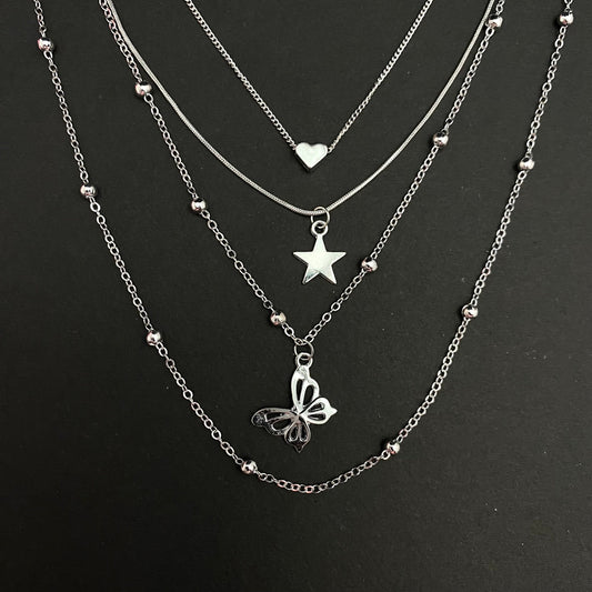Layered Chain Necklace With Star & Butterfly Charm - DropShp