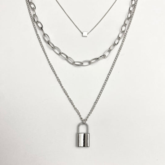 Silver Triple Layered Lock Charm Necklace - DropShp